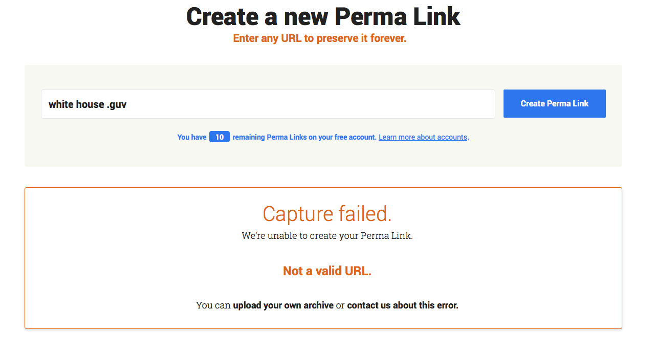A screenshot of an error message on the Create a Perma Link page. The error message is beneath the Create a Perma Link form and includes details, a link for uploading your own image and a link for getting help.