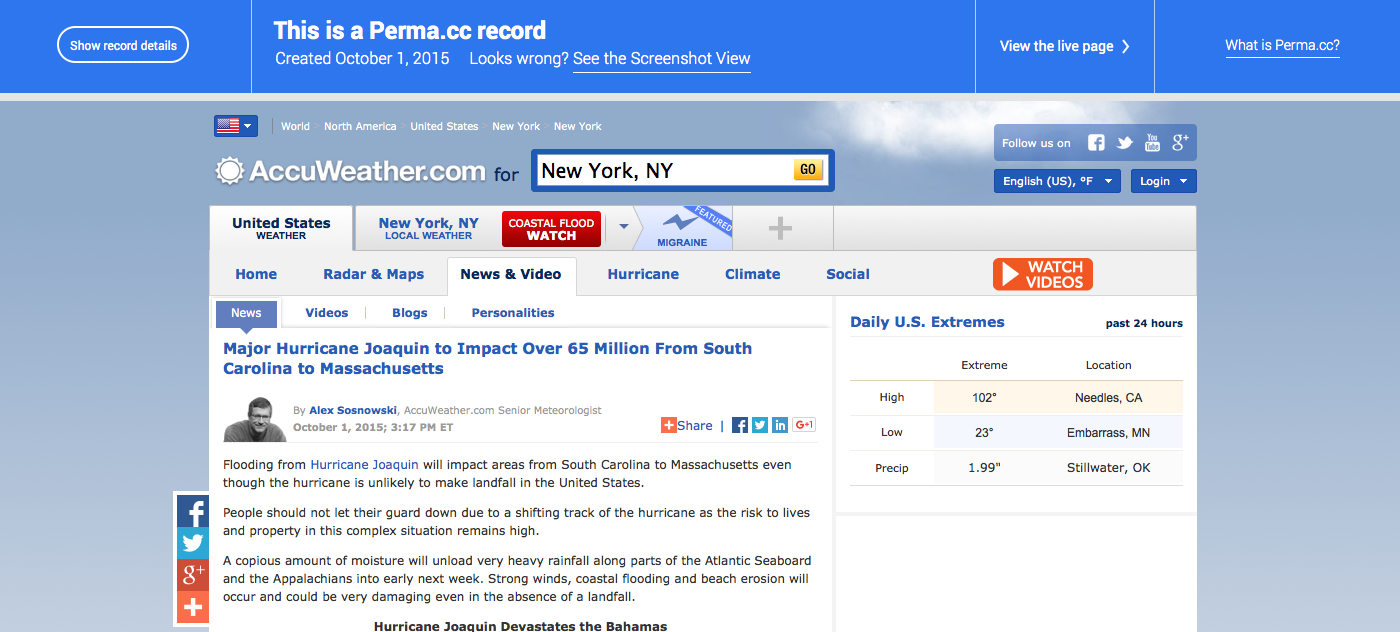 A screenshot of a Perma Link's Record page. A header with links to all the versions of the record tops the page. Underneath, the complete contents of the archived website appears, an exact copy of the original.