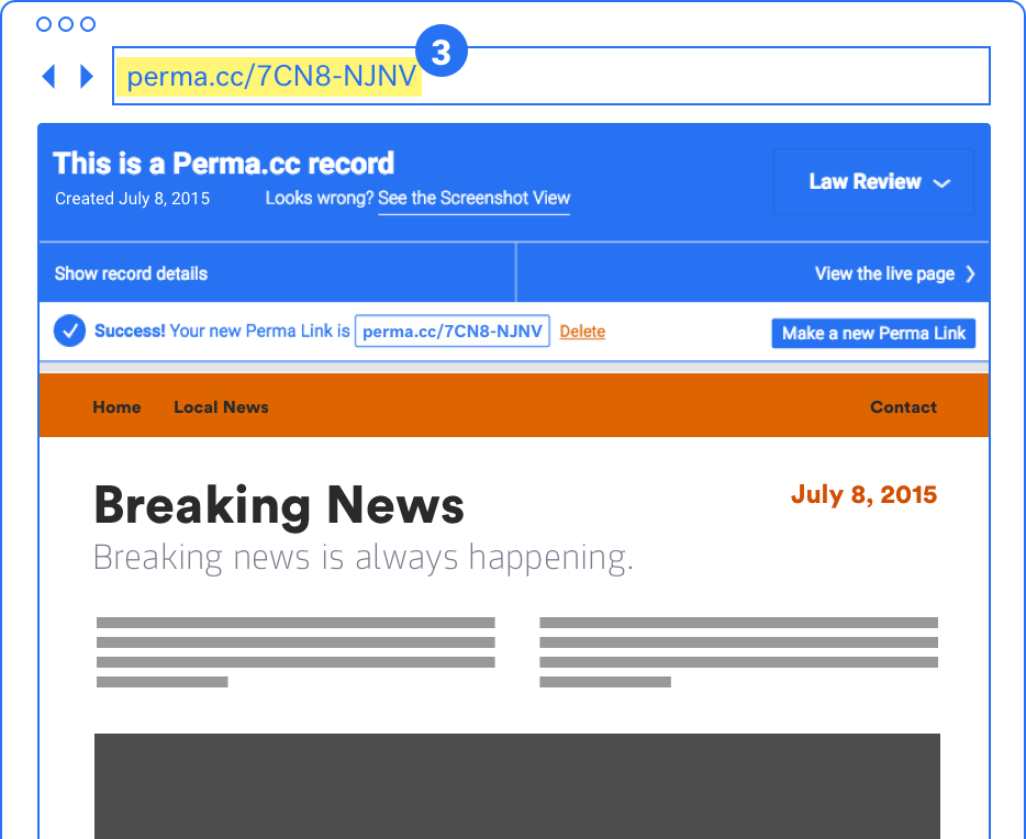 An illustration of a Perma Link's record page. A perfect copy of the original website is displayed, along with a header providing details about the link and various tools.