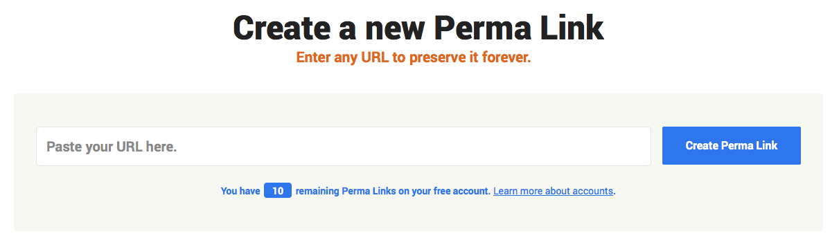 A screenshot of the Create a Perma Link page. A large input field for the target URL and a 'Create Perma Link' button appear prominently at the top of the page.