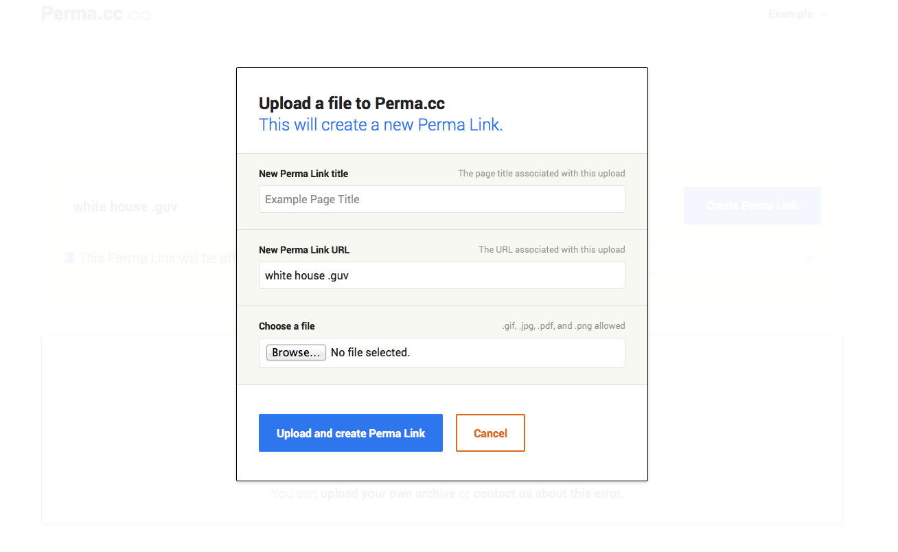 A screenshot of the Direct Upload modal form, accessed via the 'upload your own' link in the error message.