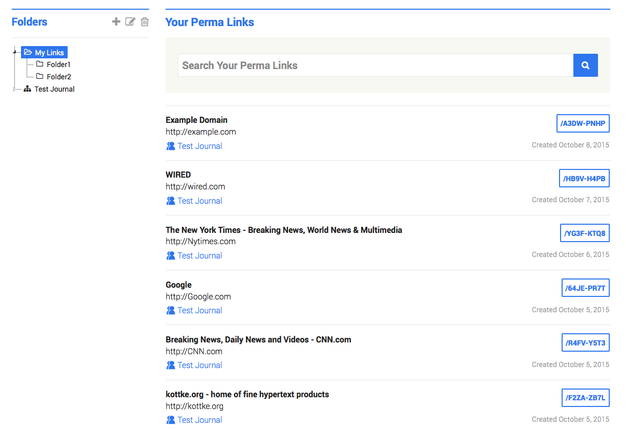 A screenshot of the lower half of the Create a Perma Link page. Two columns. The left column contains a tree for managing and selecting folders. The right column lists Perma Links from the selected folder. Its first element is a search form, used to further filter the list of links.