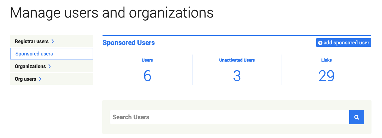 Screenshot of the Manage Sponsored Users page. The 'add sponsored user' button appears to the right of the 'Sponsored Users' heading. It causes a form to appear directly beneath the heading and button, above the other contents of the page.